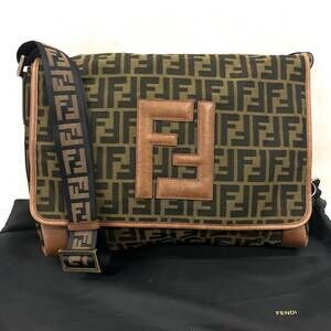 FENDI Zucca Messenger Bag FF Canvas Leather Shoulder Brown
